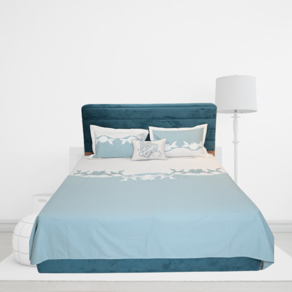White Sky Blue Pure Cotton Embroidered Patch Work Non- Quilted Bed Sheet with One Highlighter